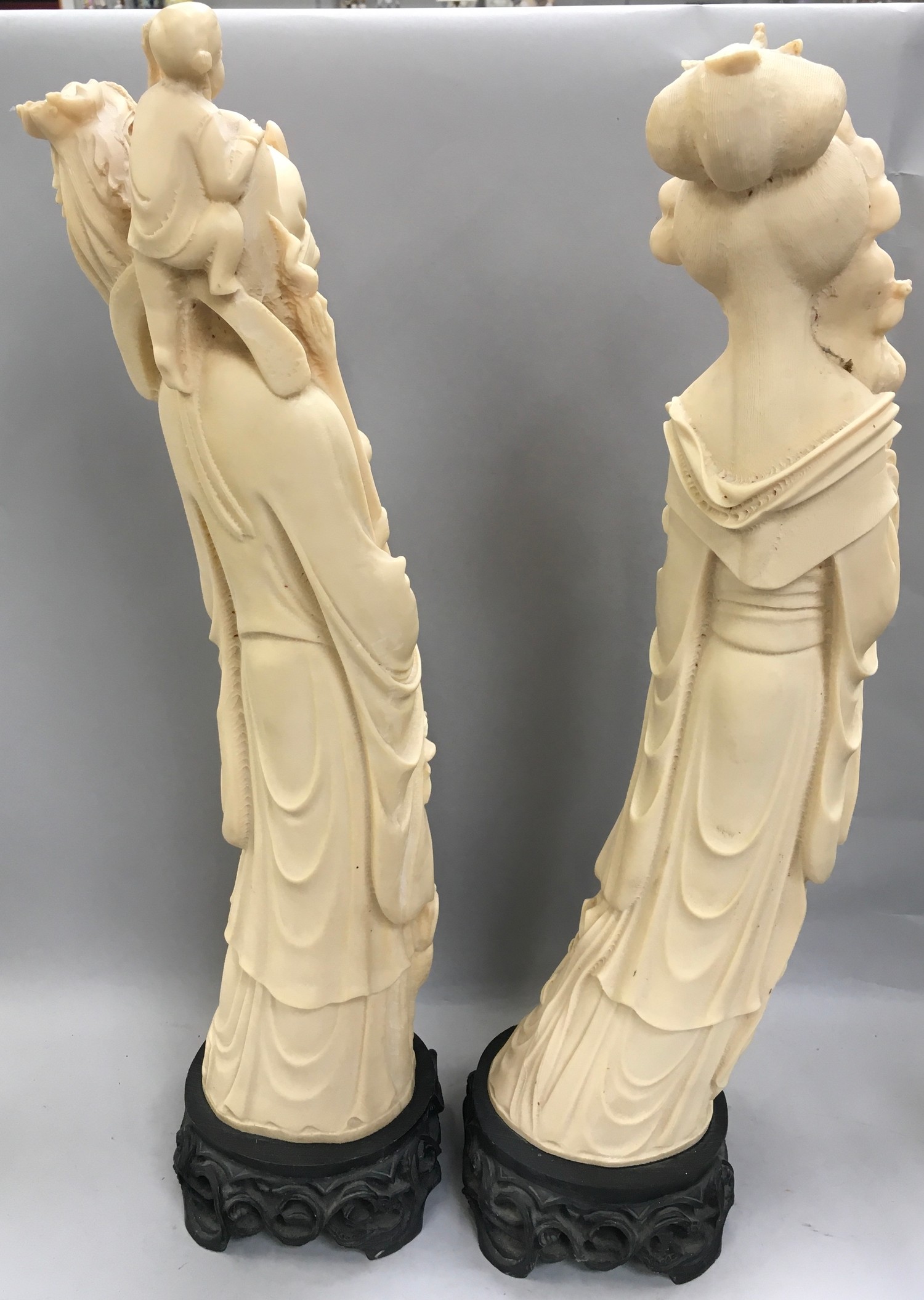 Pair oriental figures in the form of tusks stood on hard wood bases 60cm tall - Image 3 of 6