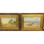 Pair wood frame water colours signed J.W.Walker one Landscape the other Beach scene 60x80cm each
