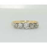 Antique diamond 5 stone gold ring - (18ct tested). Size N.
