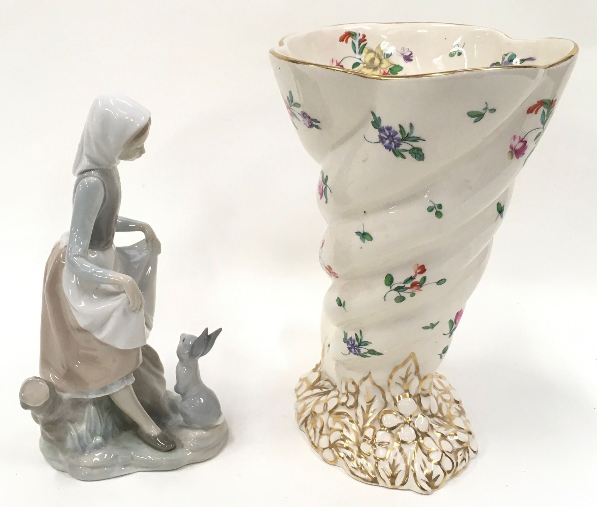 Clarice Cliff floral cornucopia vase 25.5cm tall together with a Lladro figurine. - Image 4 of 5