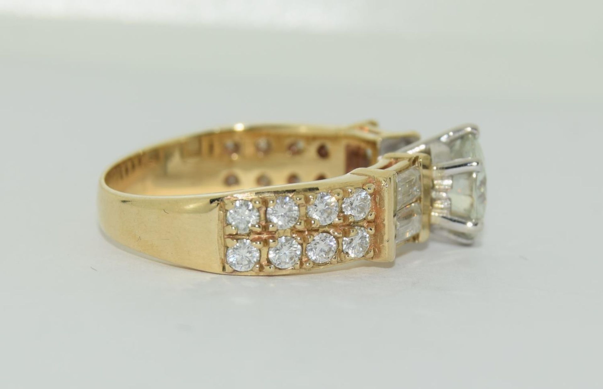 9ct gold Moissanite Diamond ring - 1.00ct centre stone, baguette/round stones on sides. Size M+. - Image 2 of 5