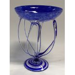 Unusual clear and blue glass studio glass table centrepiece 29.5cm tall.