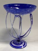 Unusual clear and blue glass studio glass table centrepiece 29.5cm tall.
