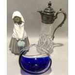 Nao figurine of a girl 26cm tall together with a blue glassware sweet bowl and crystal glass