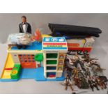 Collection of various toys to include Fisher Price garage, Matchbox carry case, Pirates of the