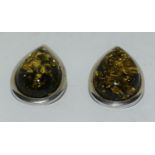 Vintage green Baltic amber 925 silver clip earrings.