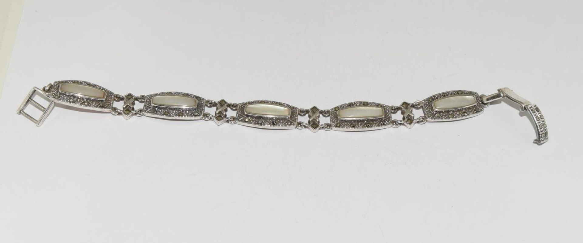 Art Deco Mother of Pearl 925 silver marcasite bracelet.