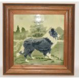 Large framed continental tile depicting a dog (possibly French) tile 8" x 8".