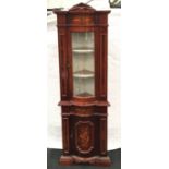 Italian style two piece corner cabinet with glazed top and inlaid wood decoration 208x66x36cm.