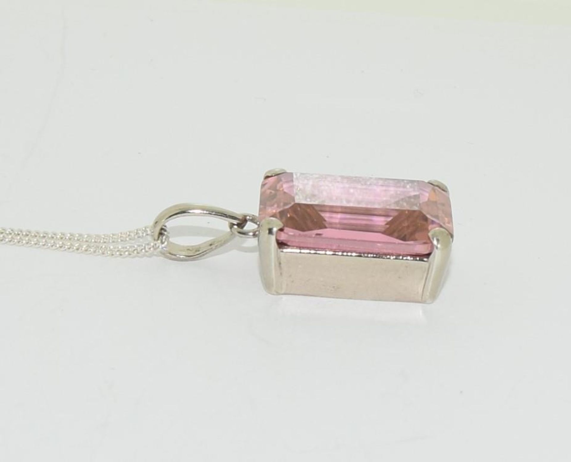 Large pink emerald cut CZ 925 silver pendant. - Image 2 of 3