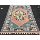Large Turkish rug. 92" x 66". Dusky pink/blue ref sh18