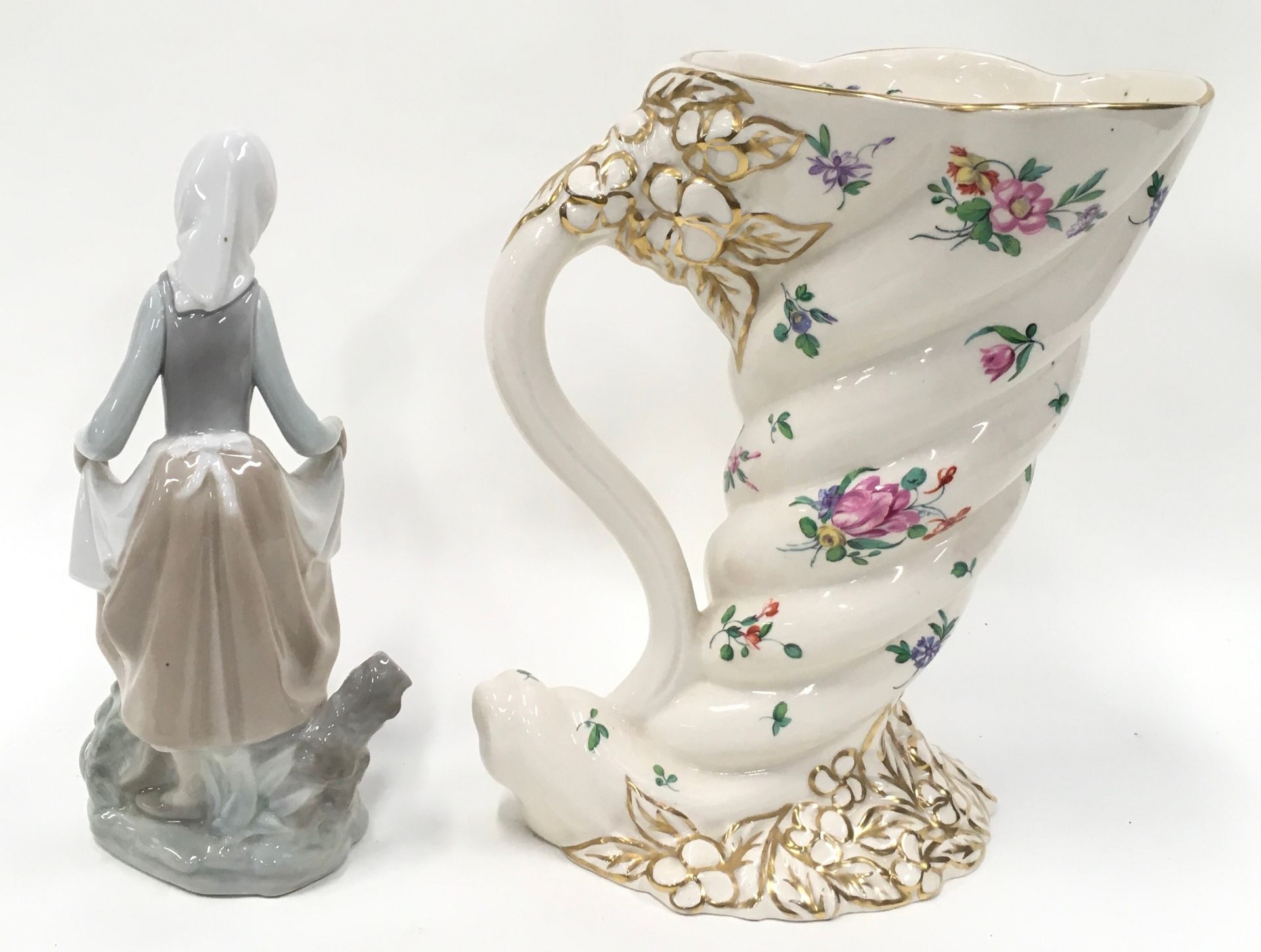 Clarice Cliff floral cornucopia vase 25.5cm tall together with a Lladro figurine. - Image 3 of 5