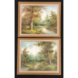 Pair of framed signed oil on canvas paintings of nature scenes each 59x49cm.