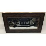 Acid etched gentlemen mirror in wooden frame. 65cm x 34.5