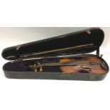 Vintage violin (a/f) in a wooden case c/w 3 violin bows