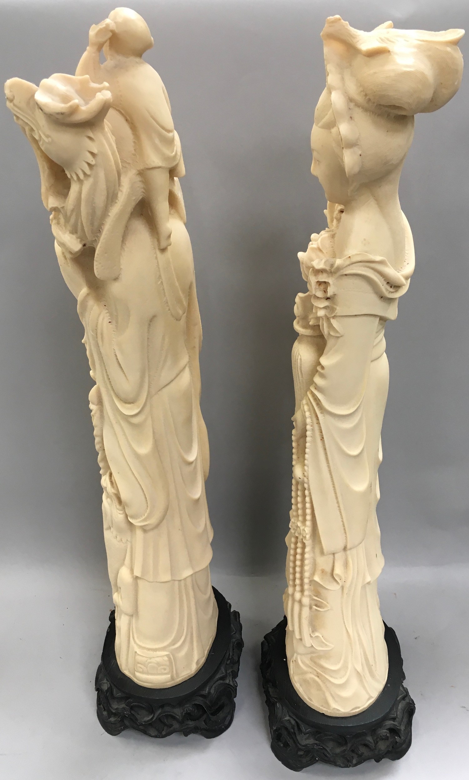 Pair oriental figures in the form of tusks stood on hard wood bases 60cm tall - Image 2 of 6