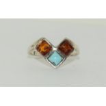 A v shape amber and turquoise stone ring, size N.