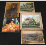 A collection of five various framed pictures.
