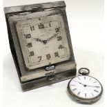 Silver hallmarked open face pocket watch together a silver engine turned 8 day travel clock by