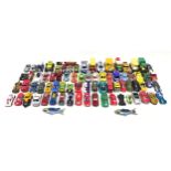 Box of assorted vintage and modern die cast cars to include Matchbox and Hot Wheels.