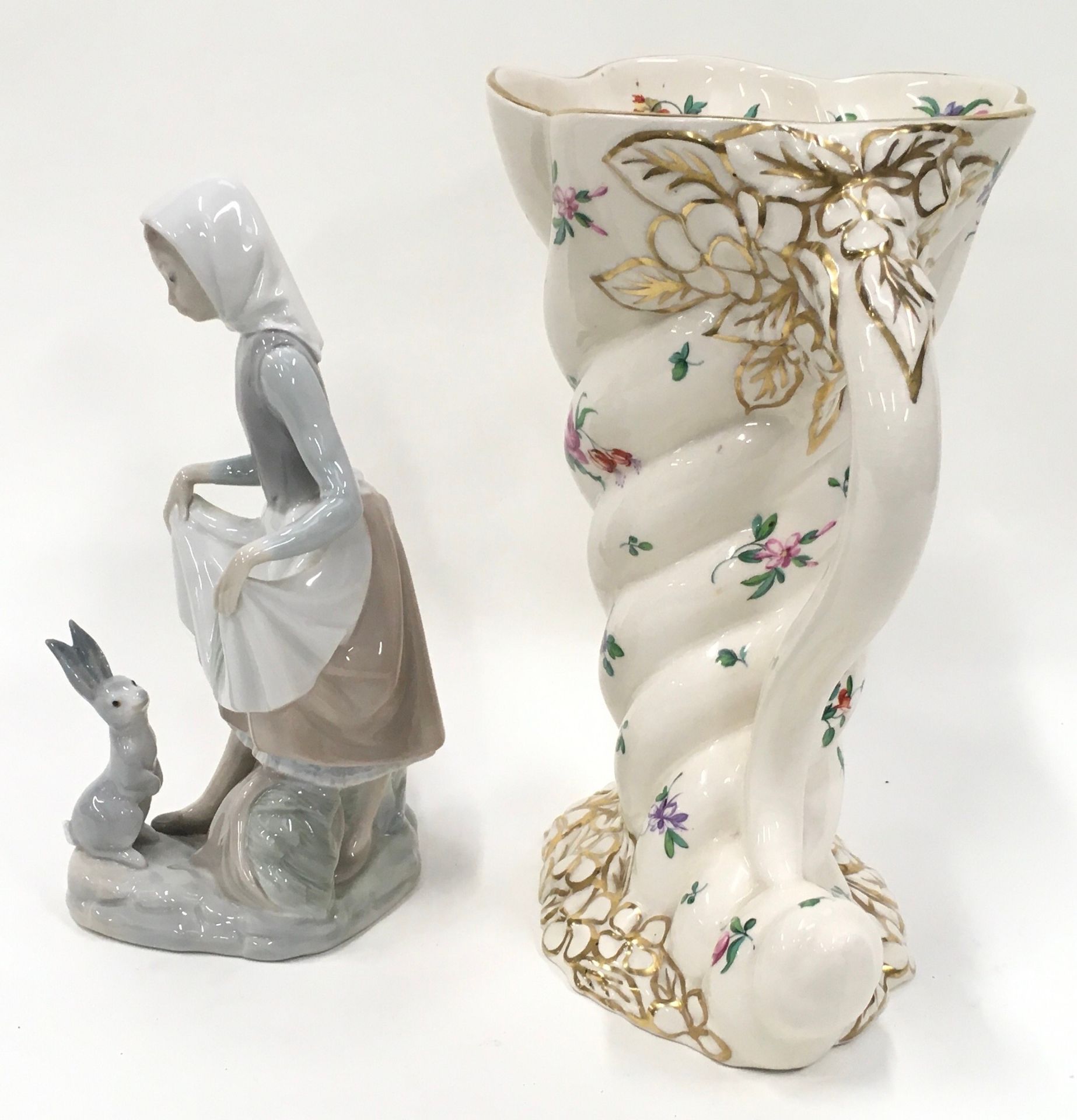 Clarice Cliff floral cornucopia vase 25.5cm tall together with a Lladro figurine. - Image 2 of 5