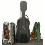 Two cased violins together a cello hard case by Paxman London