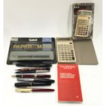 Collection of fountain pens (3 with 14ct gold nibs), propelling pencil, texas calculator c.1970/