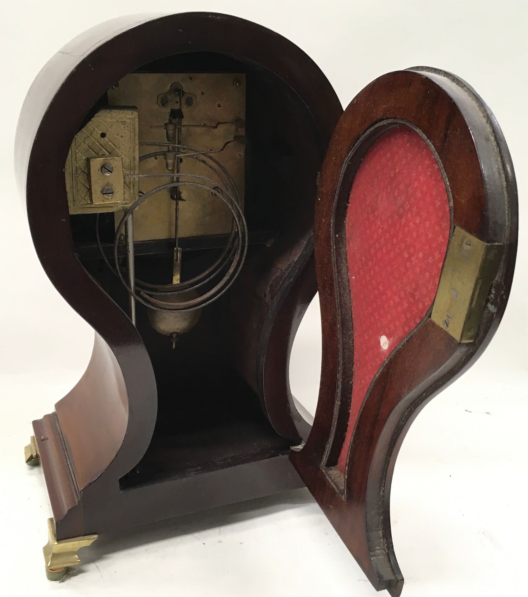 Attractive 19thC Mahogany cased ting tang striking Balloon mantle clock. No key but recently - Image 6 of 6