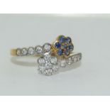 Gold on silver double CZ cluster ring, N 1/2.