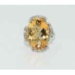 Large golden citrine/topaz white gold on silver ring, Size K.