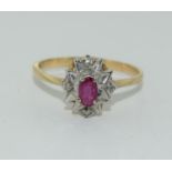 9ct gold ladies Ruby and diamond cluster ring size S