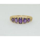 9ct gold ladies 5 stone Amethyst ring size T
