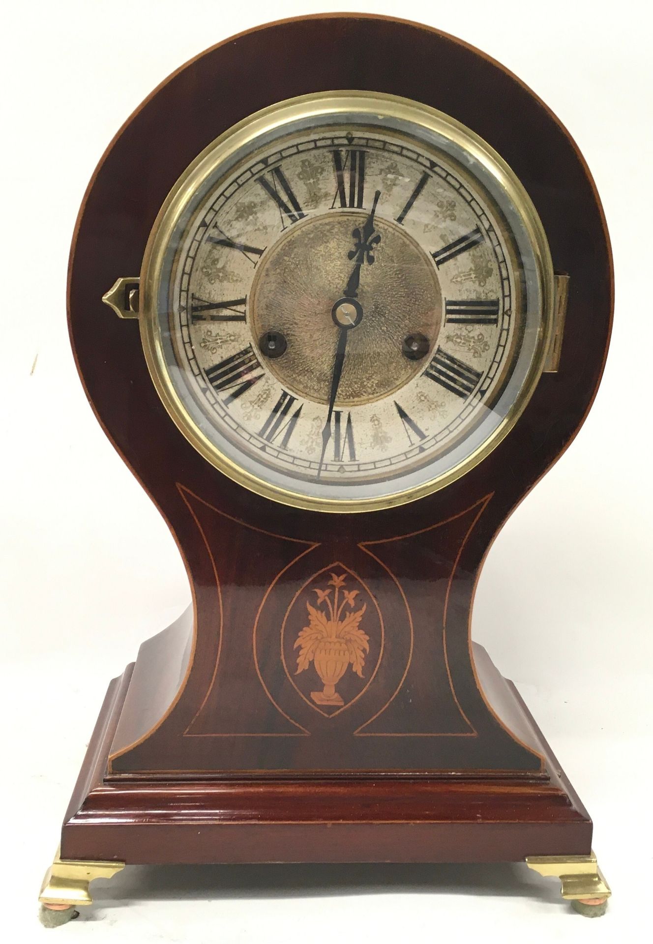 Attractive 19thC Mahogany cased ting tang striking Balloon mantle clock. No key but recently