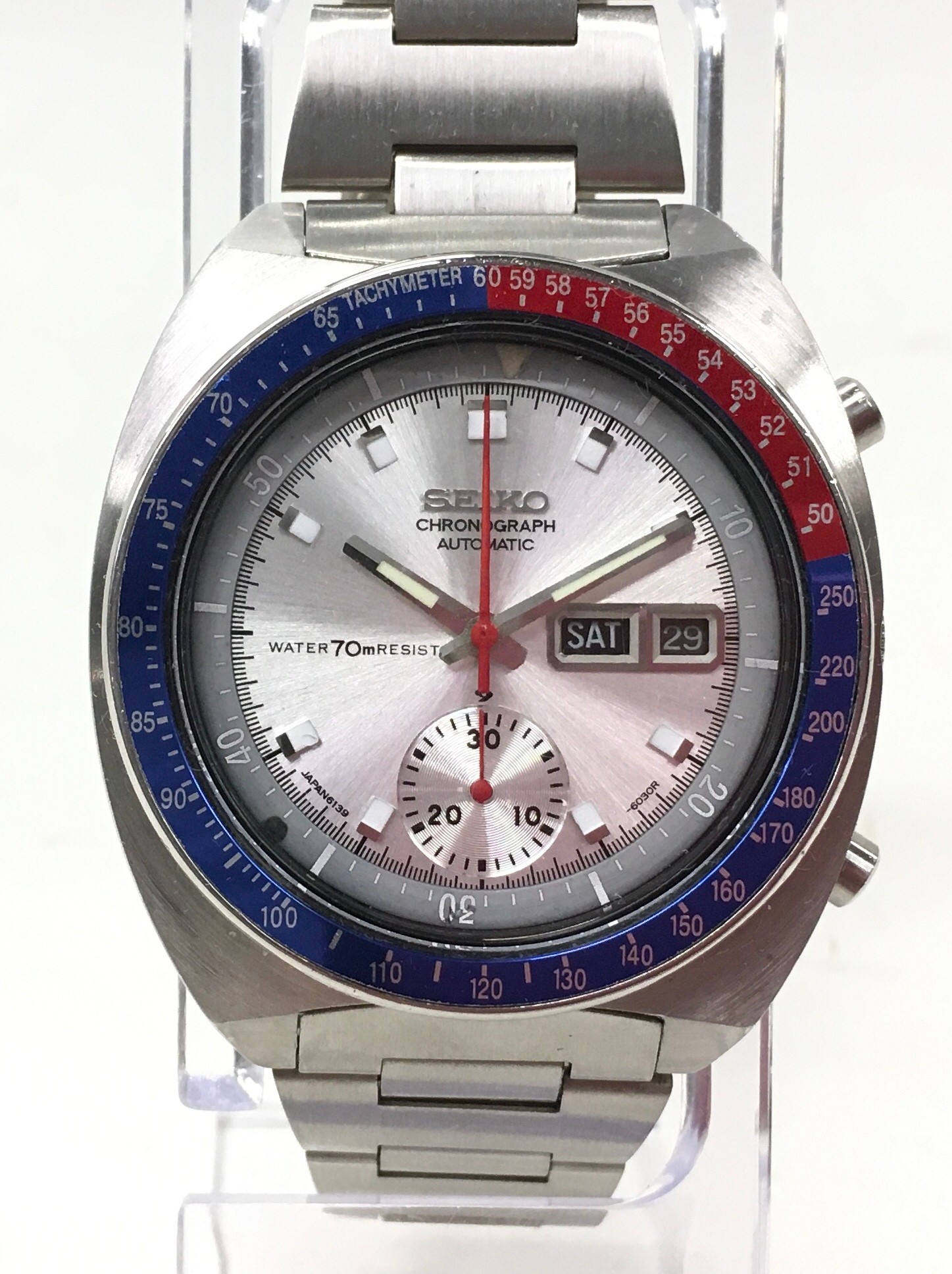 Vintage Seiko 'Silver Pogue' gents automatic watch with Pepsi bezel. Model number 6139-6002.