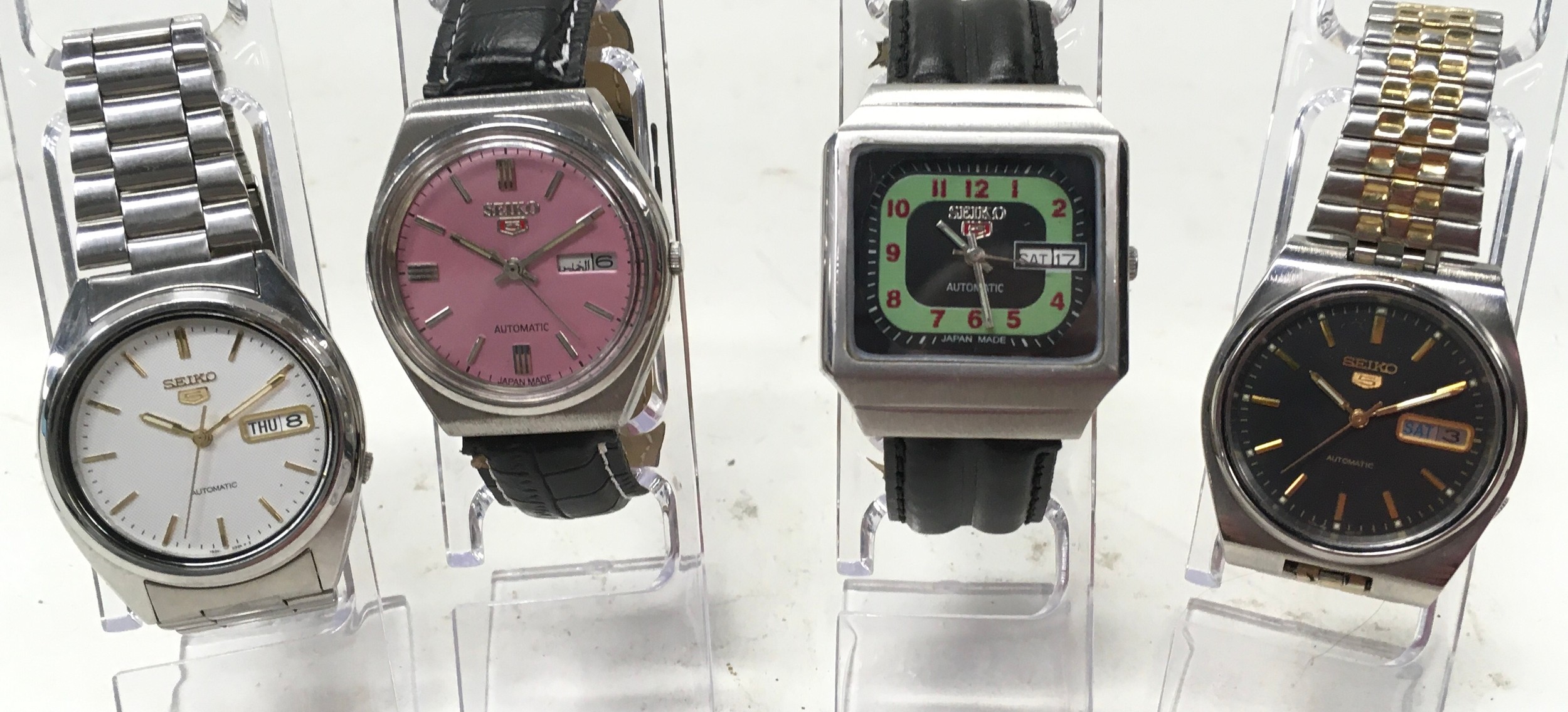 Collection of 4 vintage Seiko '5' gents watches. All seen working. 2 have aftermarket dials.