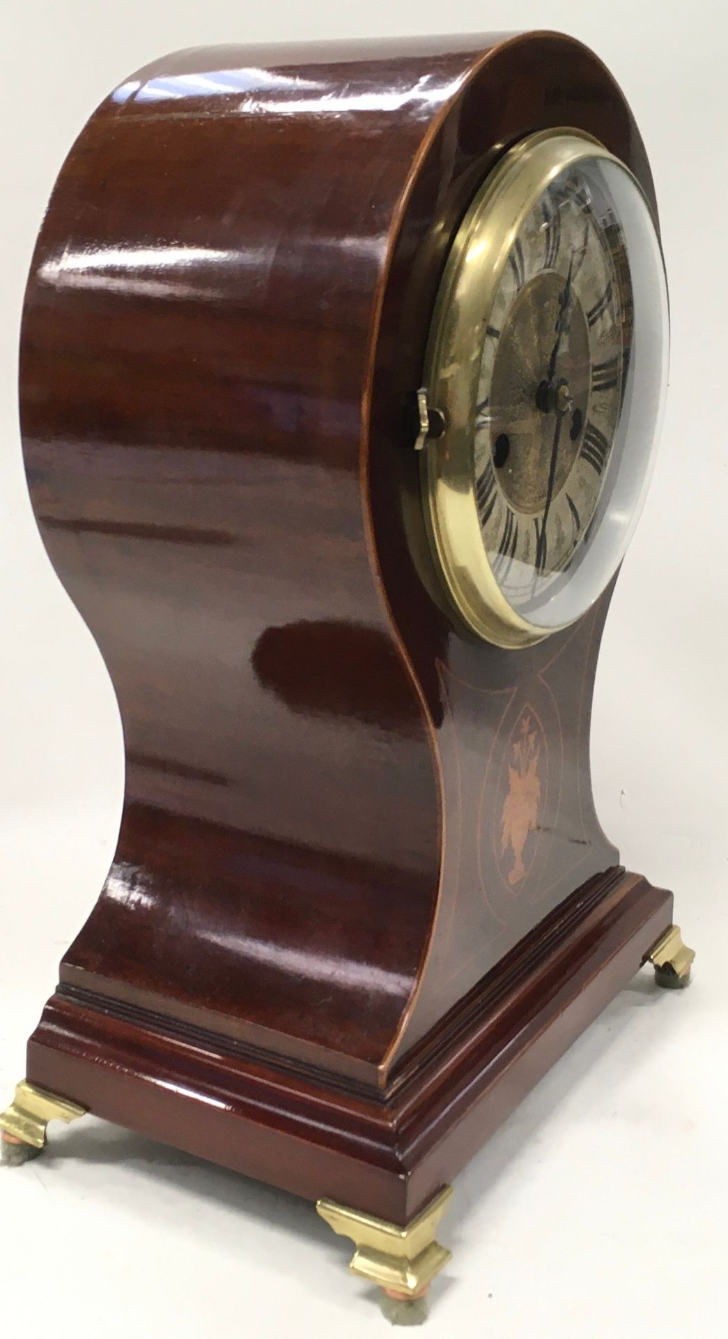 Attractive 19thC Mahogany cased ting tang striking Balloon mantle clock. No key but recently - Image 4 of 6
