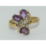 9ct gold ladies Amethyst and diamond sweep ring size R