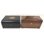 Wooden sarcophagus T-caddy together with a leather box writing slope with fitted interior