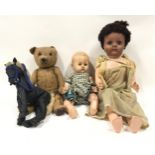 Vintage teddy bear together with leather horse and two vintage dolls to include Rosebud.