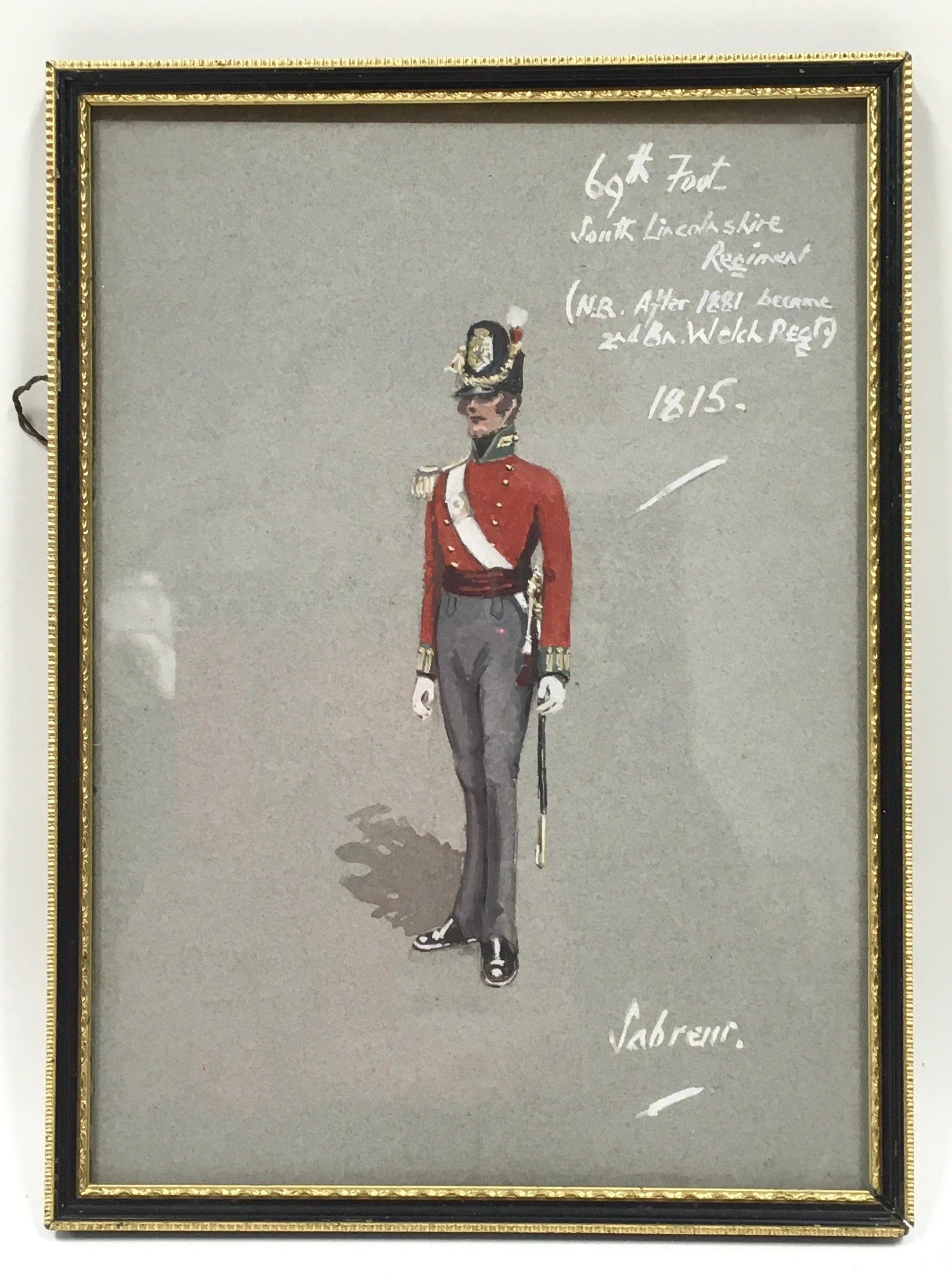 Original water colour of soldier in uniform 69th Foot, South Lincolnshire Regiment 1881-1815