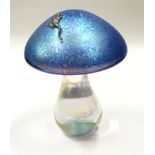 Iridescent glass mushroom with silver coloured frog to top (possibly John Ditchfield) approx 18cm