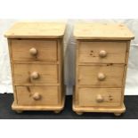 Pair of pine 3 draw bedside cabinets on bun feet with turned handles 70x45x40cm