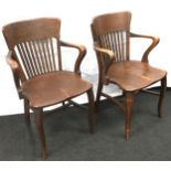 Attractive pair of Arts and Crafts oak hall chairs. 18" to seat, o/all height 34".