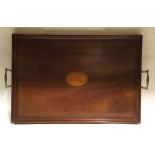 Large Edwardian Butler's serving tray with marquetry inlay. 25" x 17".