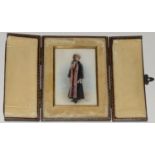 Leather bound miniature of a Victorian street person Painted on porcelain and signed to bottom