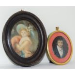 Oval framed miniature of a vintage young lady together a framed miniature easel back on of a
