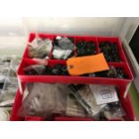 2 boxes of various model railway items to include various spares, soldering iron, paints, 6 piece