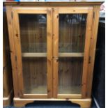 Ducal pine 2 door glass display case/bookcase with 3 adjustable glass shelves 120x100x35cm