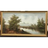 Gilt frame oil on canvas depicting a rural lake and woodland signed "Cooke" 135x70cm