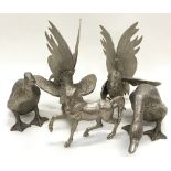 A pair of silver plated fighting cocks together with two ducks and a horse.